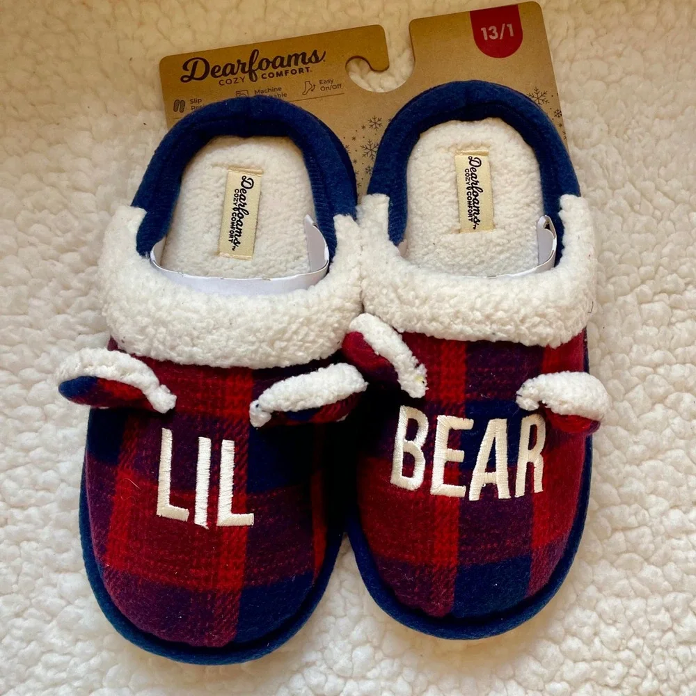 Dearfoams Lil Bear Buffalo Plaid Kids Slippers Red Black Checkered Size 13/1 NEW